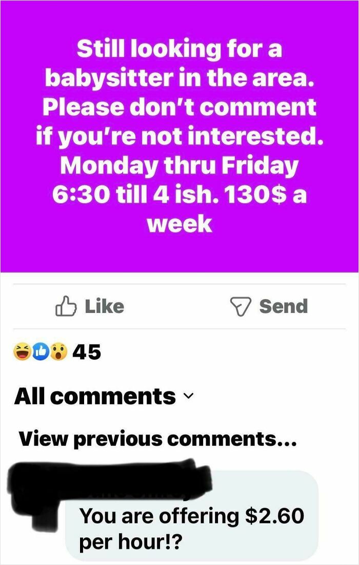A post by choosing beggars offering a very low pay of 130 dollars a week for babysitting services.