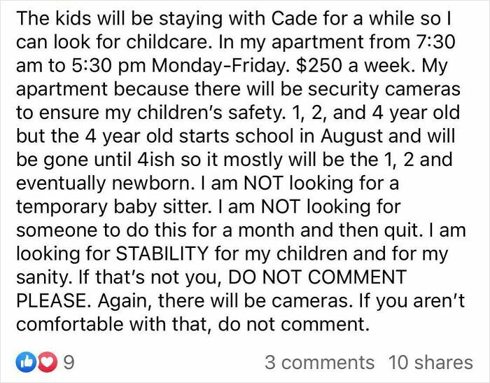 A social media post with unreasonable demands for cheap childcare, illustrating choosing beggars.