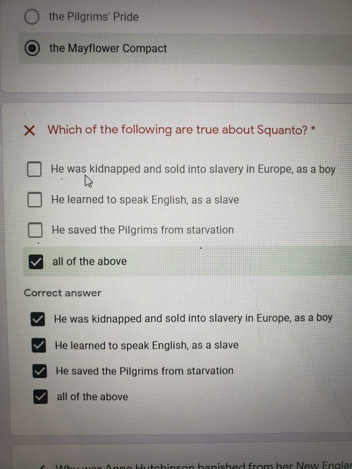 An online quiz question about Squanto marked incorrect despite selecting all of the above, showing funny teachers