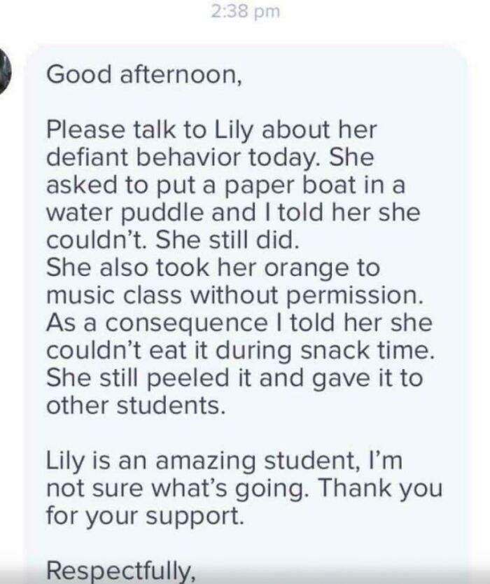 Text message from teachers describing a student's defiant behavior of putting a paper boat in a puddle