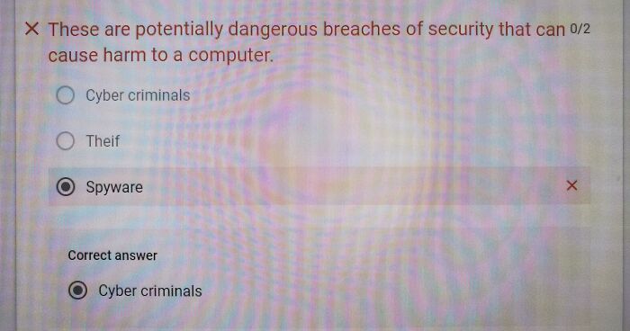 Online test question about computer security breaches with wrong answer options set by teachers
