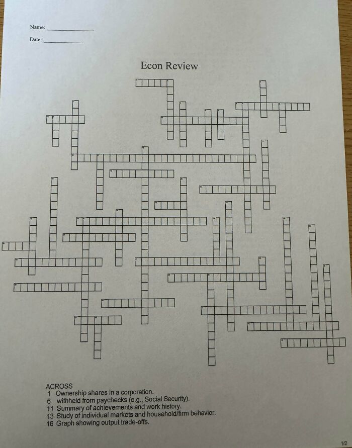 Blank economics review crossword puzzle worksheet prepared by teachers for students
