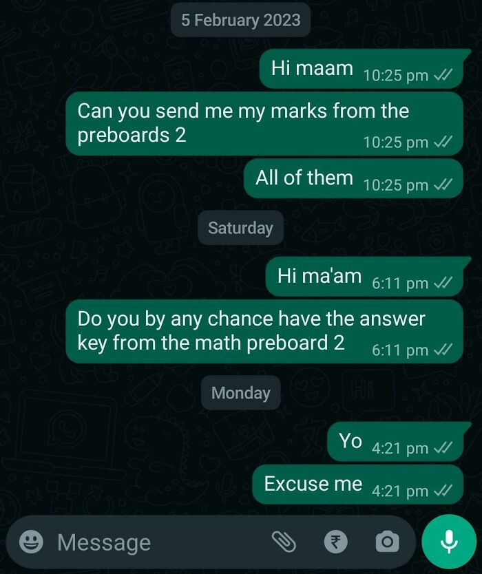 Chat messages from a student to their teachers asking for exam marks and keys