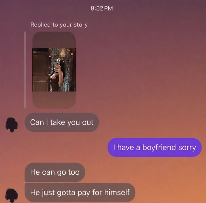 Direct message conversation where a guy asks to take a girl out despite her boyfriend