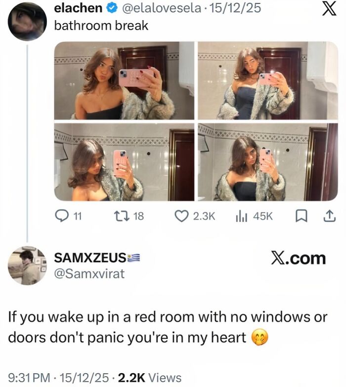 Woman taking bathroom selfies in black dress and fur jacket with starry-eyed lovers caption