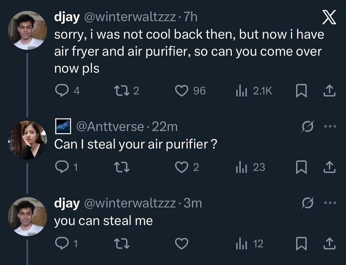 Conversation about air fryer and air purifier with a humorous social media exchange