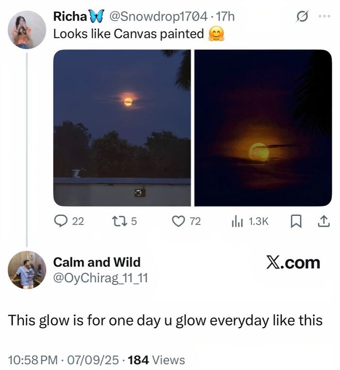 Photos of glowing moon compared to canvas painting in starry-eyed lovers tweet