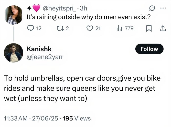 Funny tweet about men holding umbrellas and opening car doors in rain