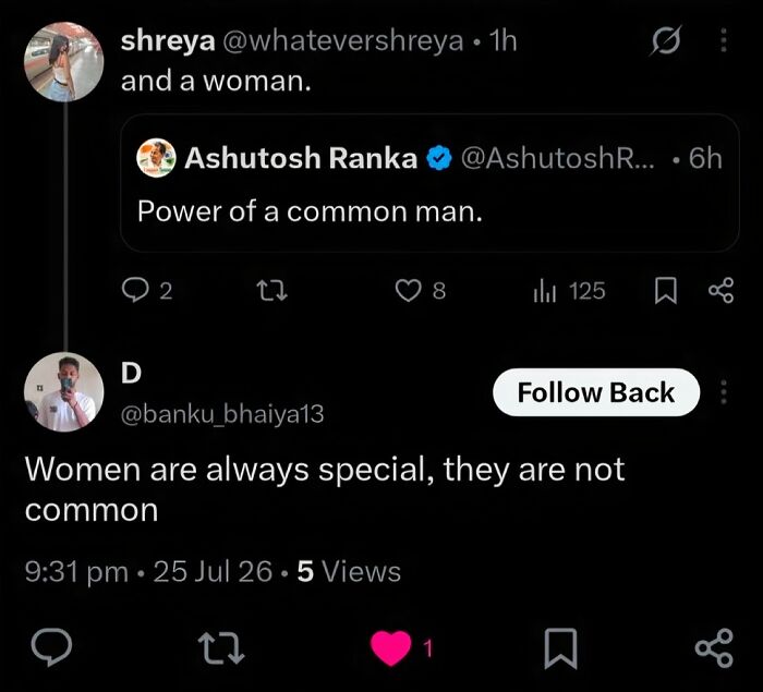 Twitter exchange about the power of a common man and women's special status
