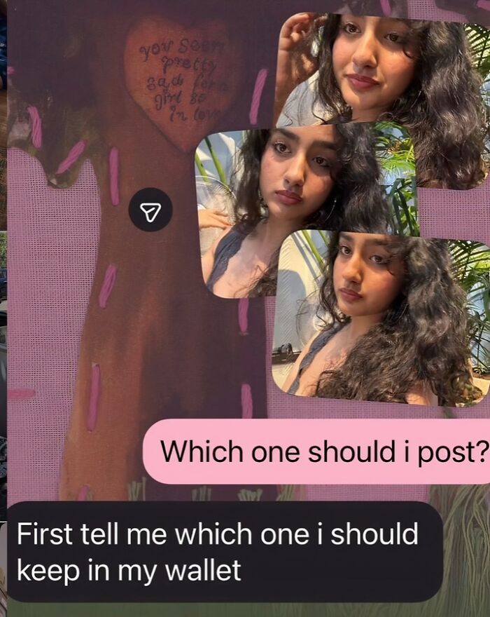 Starry-eyed lover asks which selfie to post and keep in wallet in romantic chat