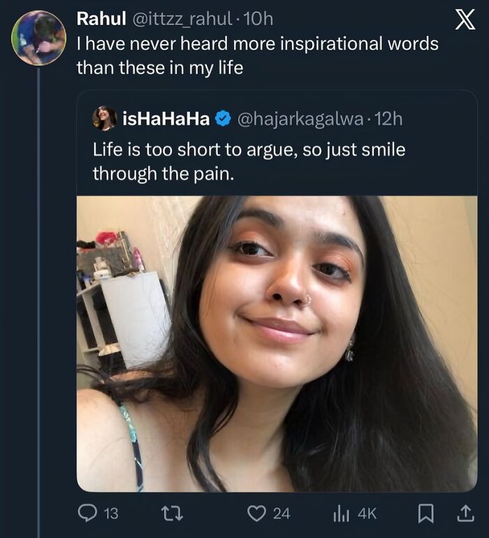Inspirational tweet with a smiling young woman and quote about life and pain