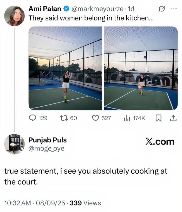 Woman playing tennis in court challenging gender stereotypes in starry-eyed lovers tweet
