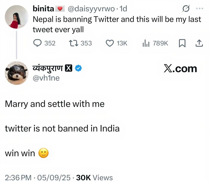 Tweet about Twitter ban in Nepal with a marriage proposal and social media discussion