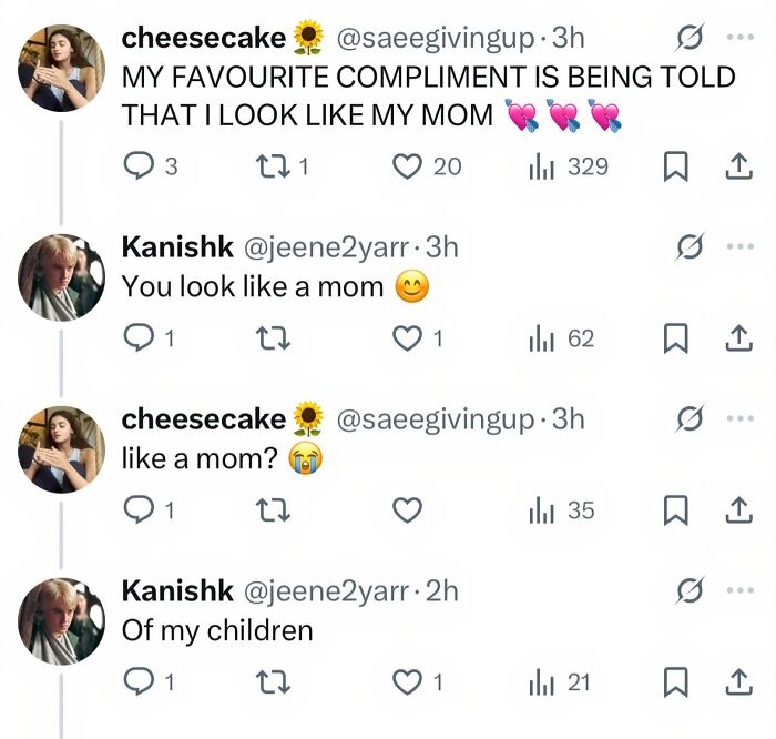 Tweet conversation about looking like a mom as a funny compliment