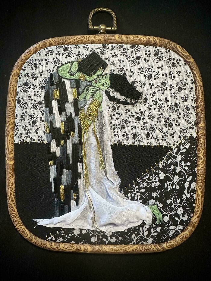 Embroidery projects featuring a Frankenstein and Bride theme inspired by Gustav Klimt The Kiss