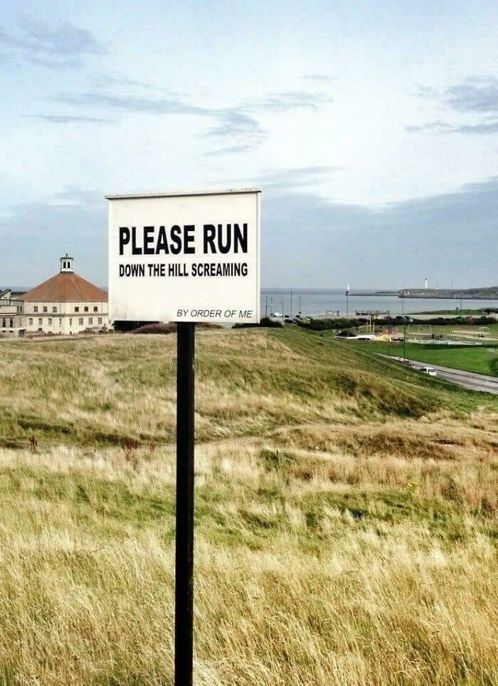 Hilarious sign asking to run down hill screaming by order of me