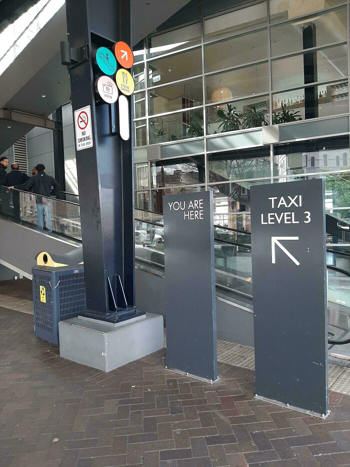 Directional sign pointing to taxi level 3 with you are here marker