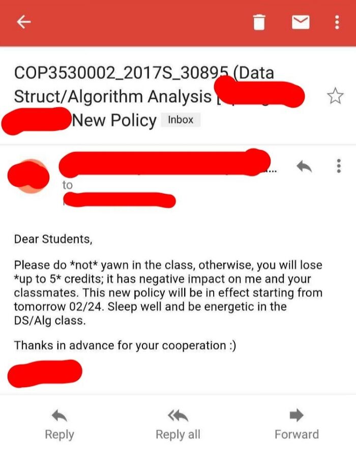 An email screenshot showing a policy from teachers warning students they will lose credits if they yawn.