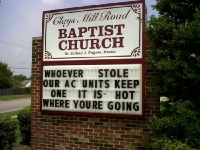 Baptist church sign humorously warns about stolen air conditioning units