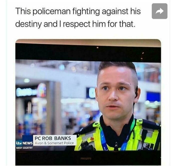 A screenshot of one of the funny British memes about a policeman named PC Rob Banks fighting his destiny