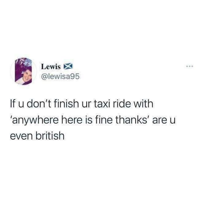A Twitter screenshot showcasing British memes about polite phrases used at the end of a taxi ride