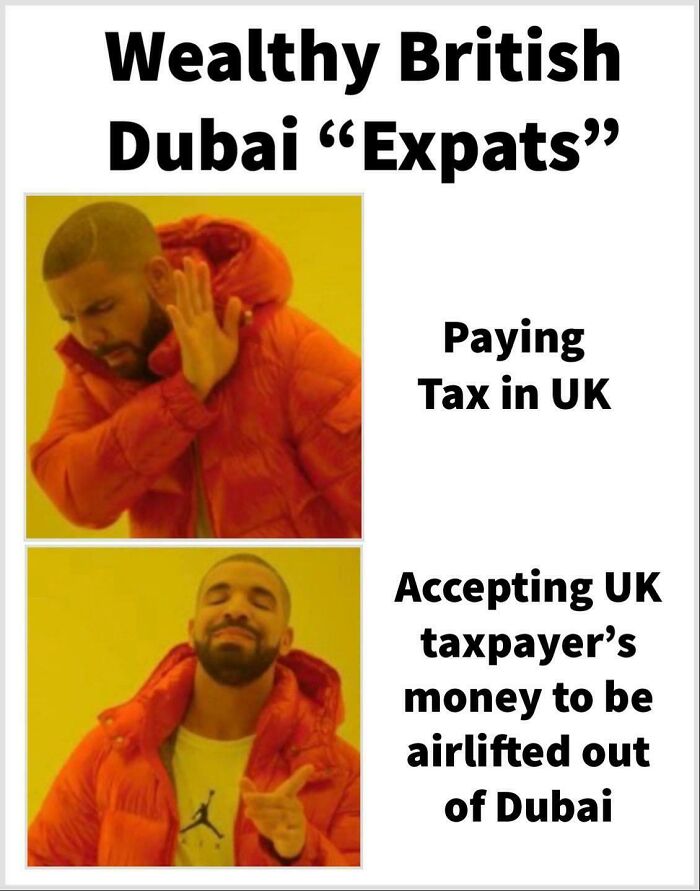 A Drake meme template representing British memes about wealthy expats avoiding taxes in the UK