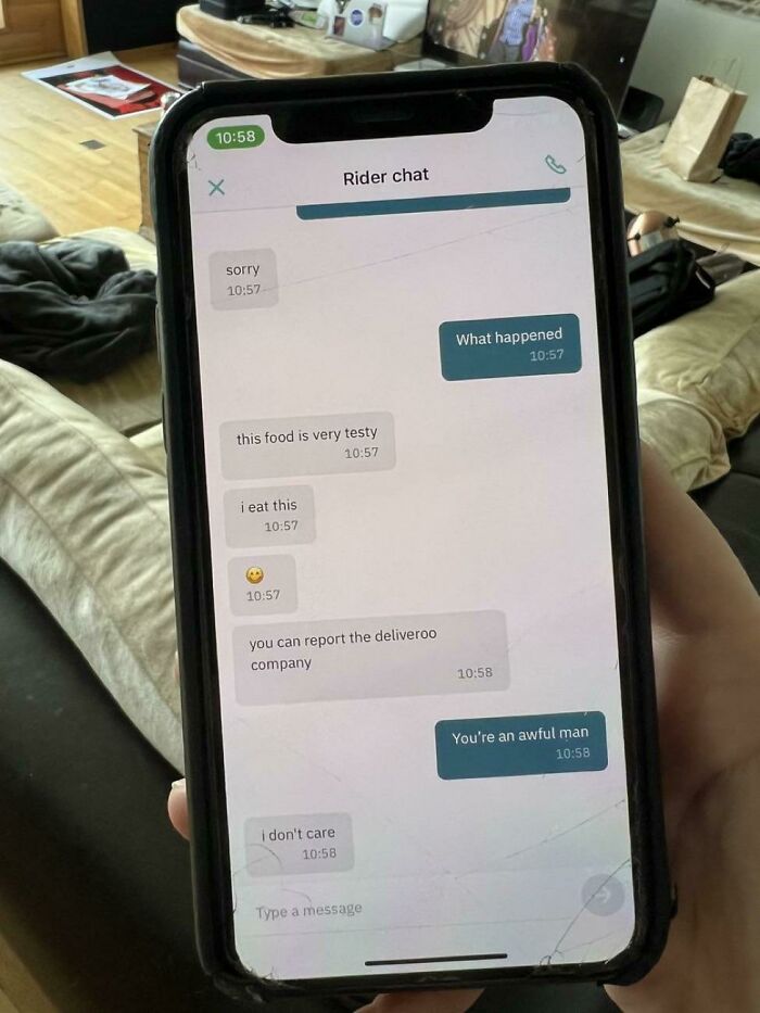 A funny screenshot of a rider chat delivery conversation about stolen food, showing British memes style humor