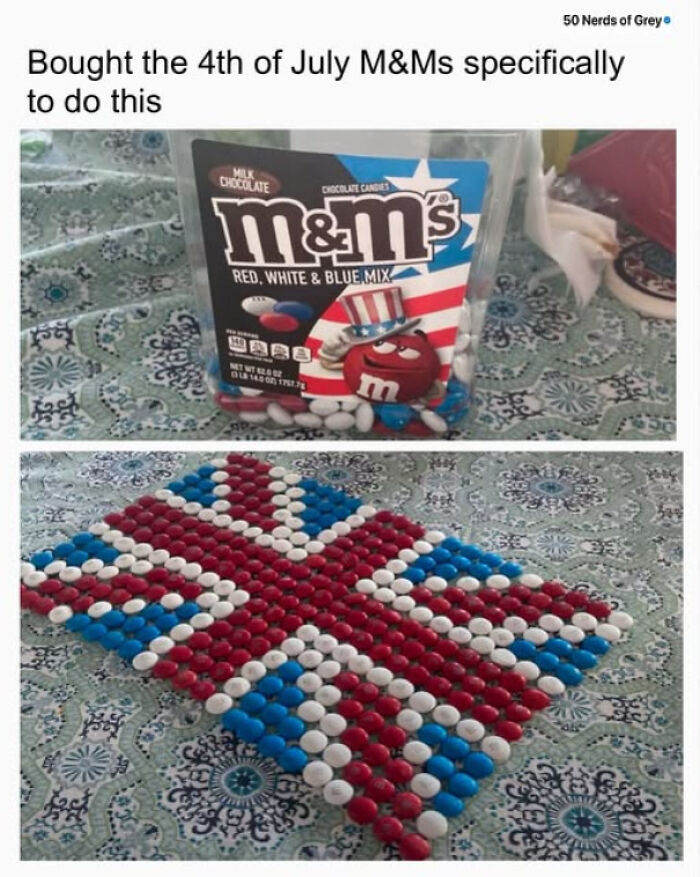 The Union Jack flag meticulously made from red, white, and blue M&Ms as featured in popular British memes