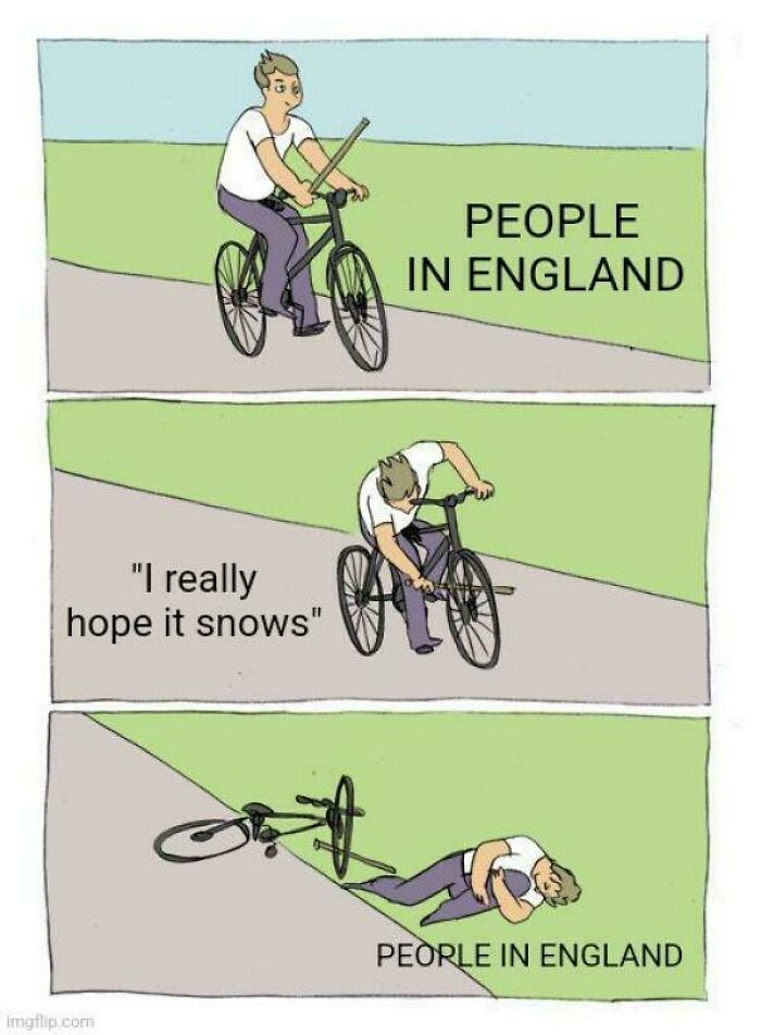Three-panel bicycle fall comic illustrating the irony of weather wishes, perfect for relatable British memes.