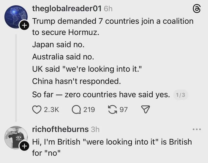 An online post about diplomatic phrasing, showcasing the dry humor of relatable British memes.