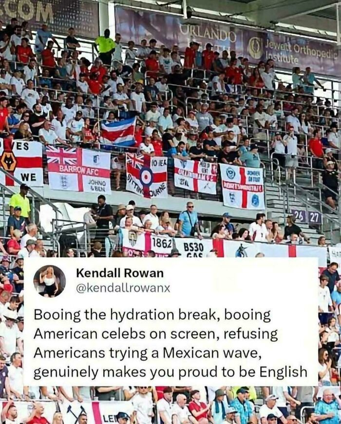 A crowd at an English football stadium showcasing the patriotic humor of British memes