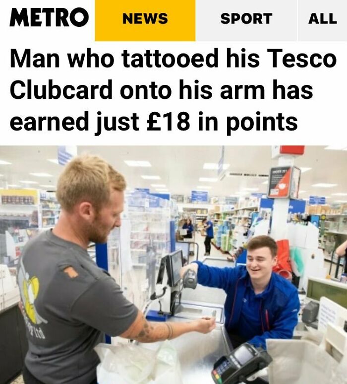 A news article about a man with a Tesco Clubcard tattoo, a prime example of British memes