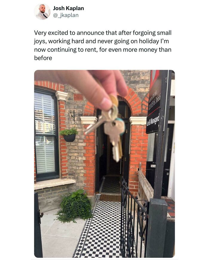 A hand holding keys in front of a house, representing the classic struggle in British memes