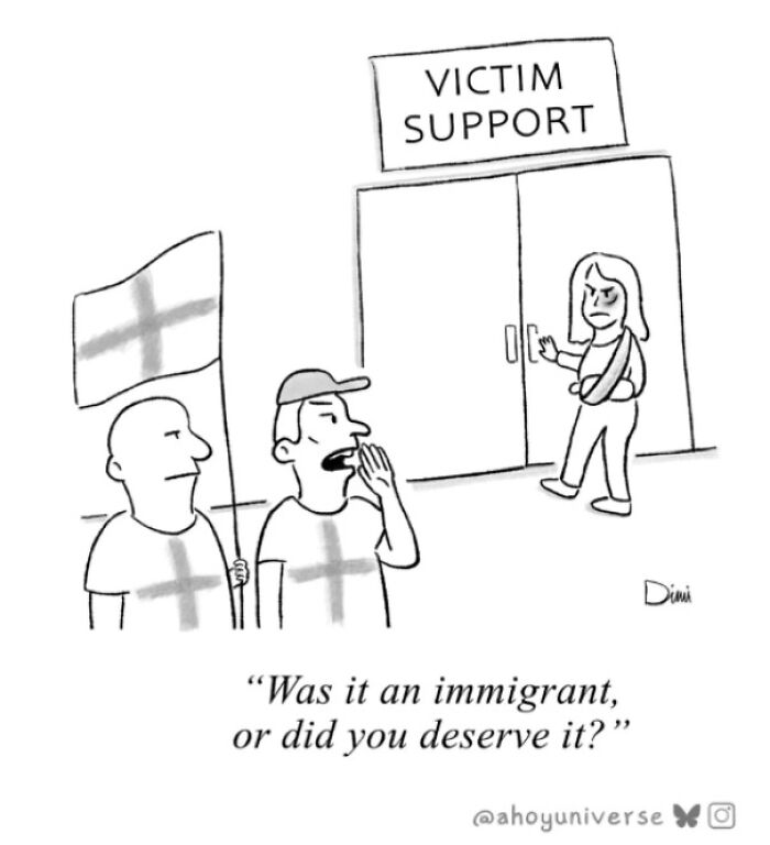 A political cartoon representing a British meme about national identity and social issues.