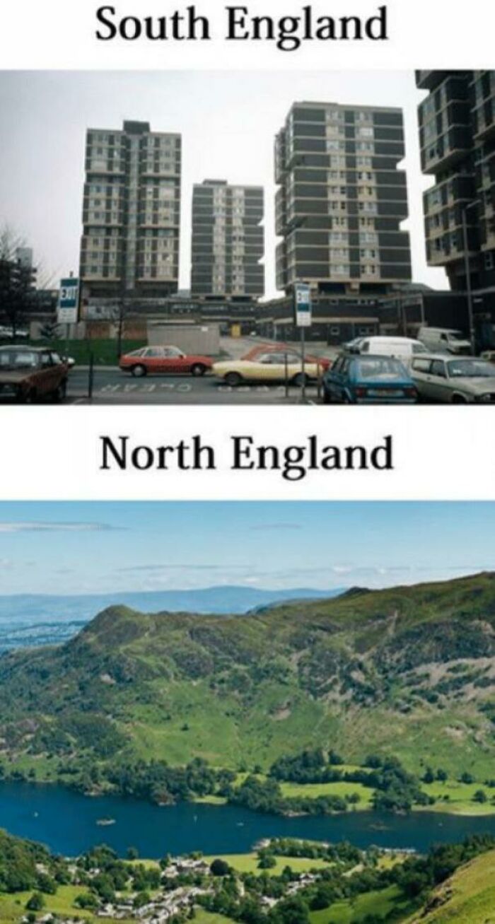 Relatable British memes showing a comparison of industrial South England and scenic North England.