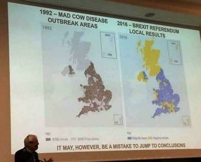 Amusing British memes displaying a side-by-side comparison map of mad cow disease and Brexit voting.