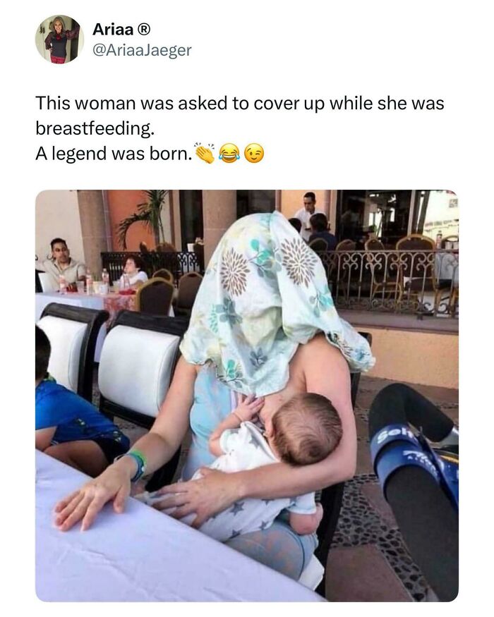 Relatable British Memes about a woman covering her head with a cloth while breastfeeding in public.