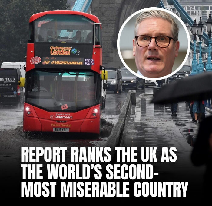 British Memes showing a red double-decker bus in London rain with a headline about the UK being miserable.