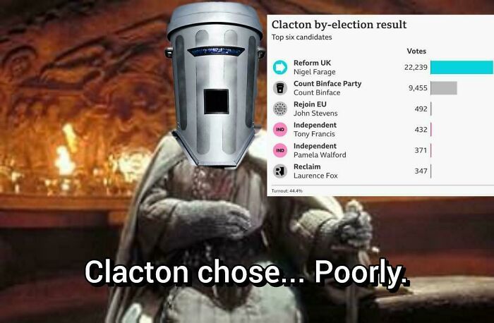 British Memes showing Count Binface and the Clacton by-election results with a movie quote meme.