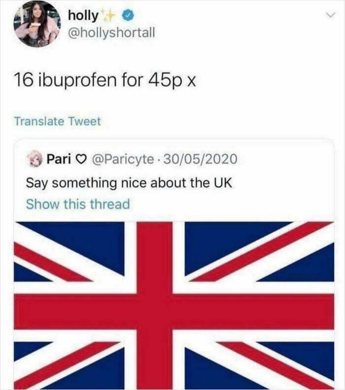 A tweet praising cheap UK ibuprofen, featuring in a collection of relatable British memes