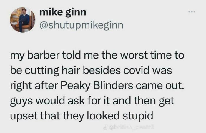 A tweet about hair salons and Peaky Blinders haircuts, part of relatable British memes