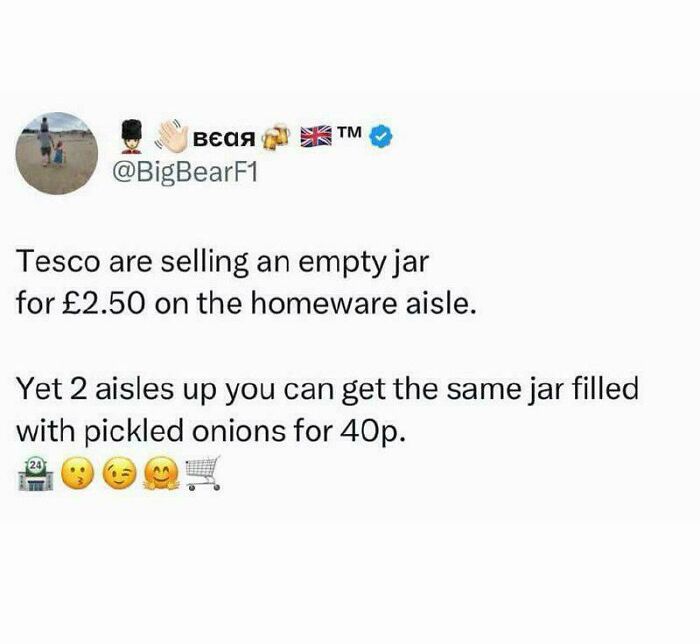 British memes pointing out Tesco selling empty jars for more than a jar filled with pickled onions.