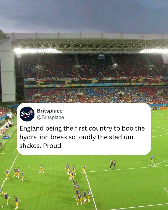 One of the British memes about England football fans booing the hydration break at a stadium.