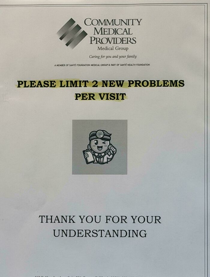 Funny medical sign limiting new problems per visit at community medical providers