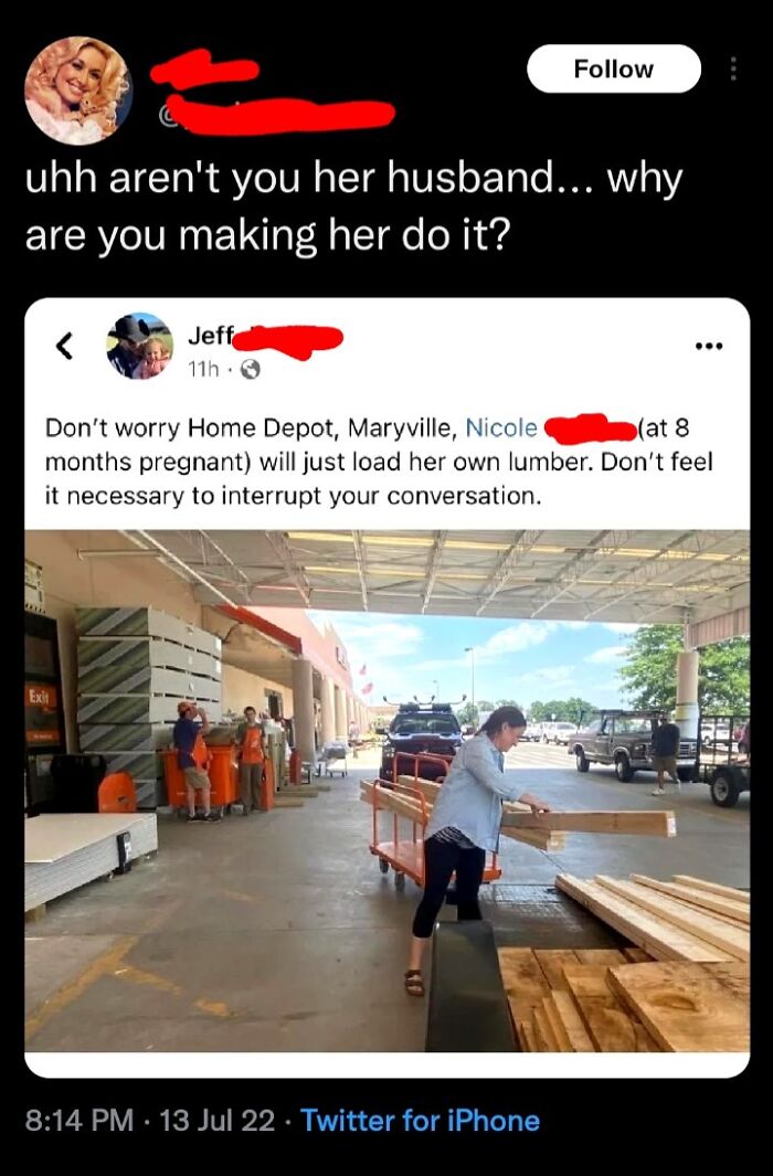 Social media post showing a pregnant woman loading lumber, related to homedepot employees posts.