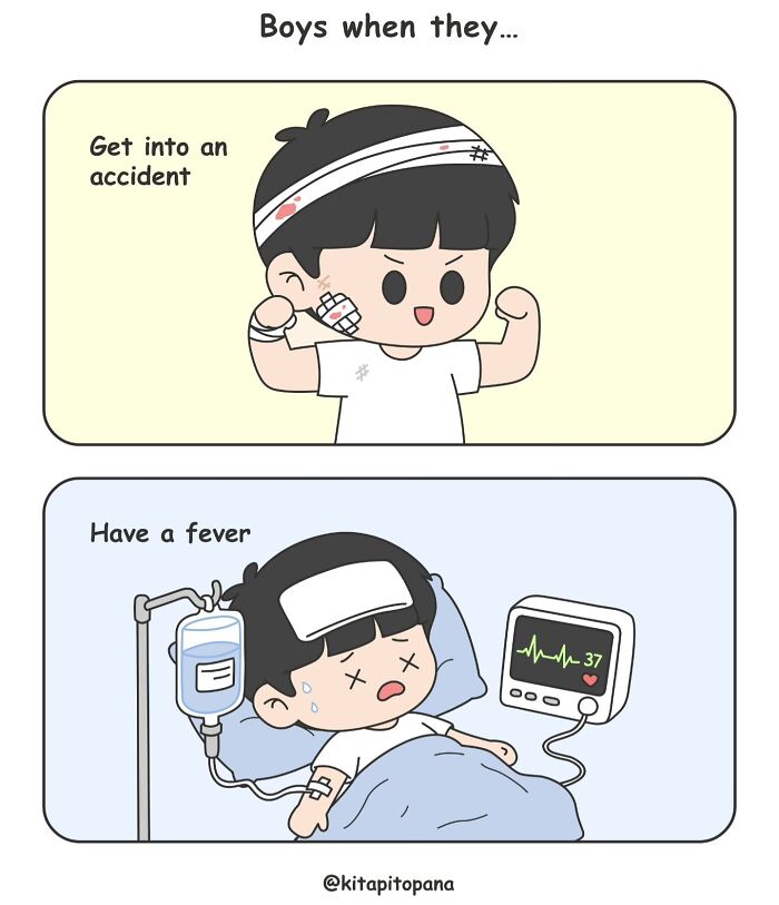 Funny relationship comic illustrating how boys handle an accident versus having a fever.