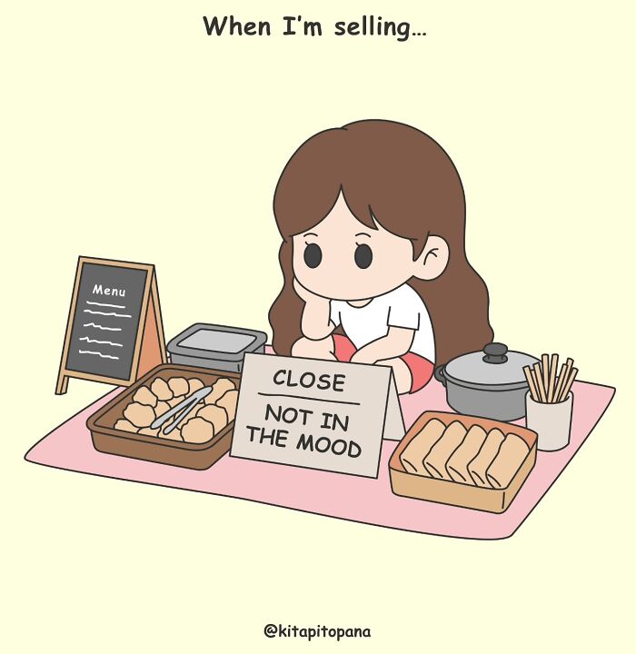 Adorable comics of a woman closing her food stall with a sign saying she is not in the mood