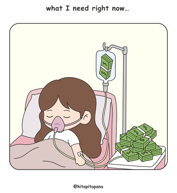 A comic of a girl in hospital getting an IV drip of cash, showing the everyday reality of needing money