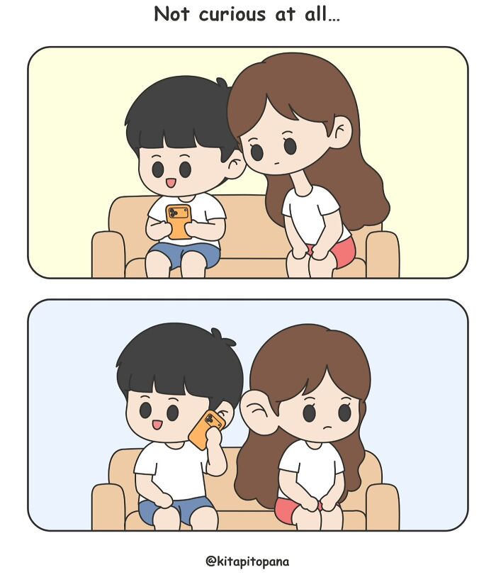 Adorable comics of a girl curiously listening to her boyfriend talking on the phone