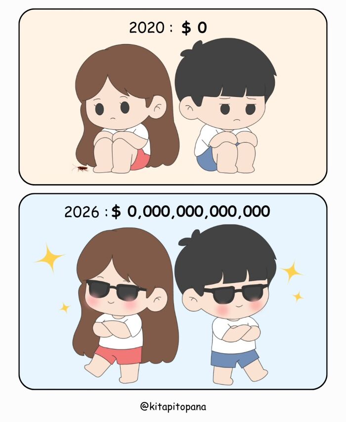 Adorable comics showing a couple feeling rich with many zeros in their bank balance.